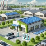 Zone industrielle moderne avec panneaux solaires et véhicules électriques illustrant les solutions cleantech.