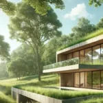 Maison moderne en pleine nature construite avec des matériaux durables alternatifs au ciment.