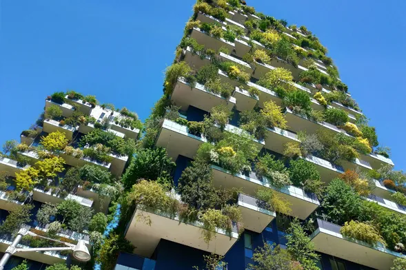 Let’s build more sustainable cities together. Sustainable building with vertical gardens for greener urban living.