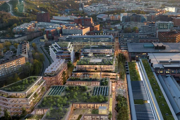 Green urban planning for a sustainable future. Aerial view of a city district with green roofs and eco-friendly buildings.