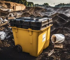 Managing hazardous materials in construction sites. Yellow industrial waste container at a contaminated construction site.