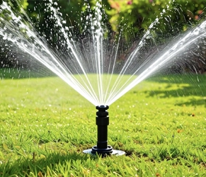 Smart irrigation for efficient water management. Automatic sprinkler watering a green lawn.