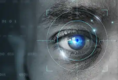 Expand Your Reach in Key European Markets. Close-up of a human eye with digital interface elements symbolizing visibility and focus.