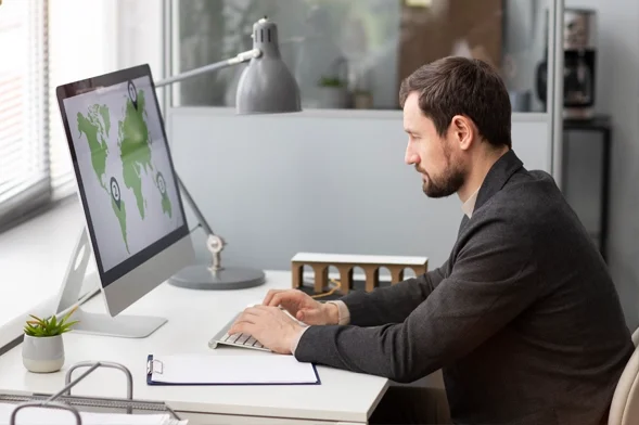 Analyzing Carbon Footprint With Smart Business Tools. Man analyzing global carbon data on a computer screen in a modern office.