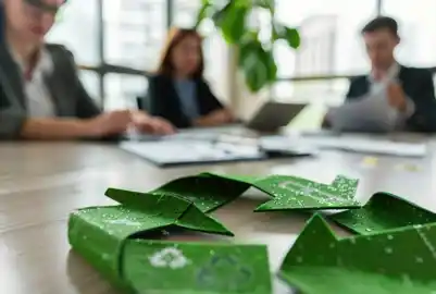 Connecting Innovation to Sustainable Impact. Paper recycling symbol on a meeting table with business professionals in the background.