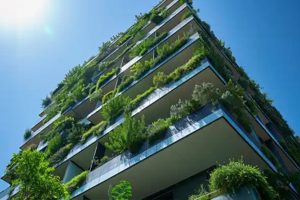 Ready to Cut Carbon Emissions. Modern building covered with lush green plants under a clear blue sky.