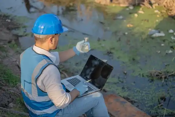 Start Optimizing Your Water Usage Today. Engineer with a helmet analyzing water quality using a laptop near a polluted water body.