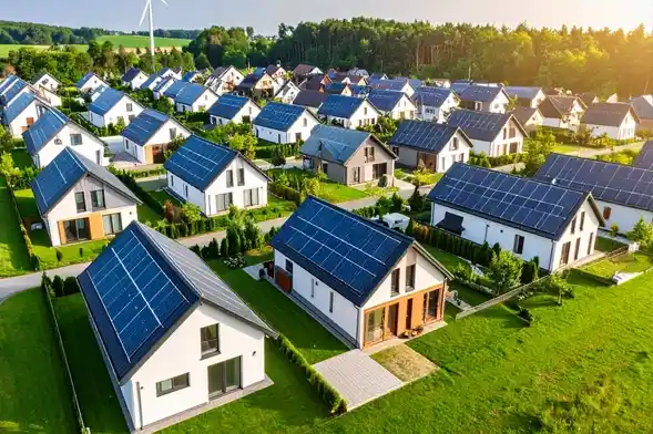 Shaping the Future of Sustainable Living. Eco-friendly residential area with modern houses equipped with rooftop solar panels.