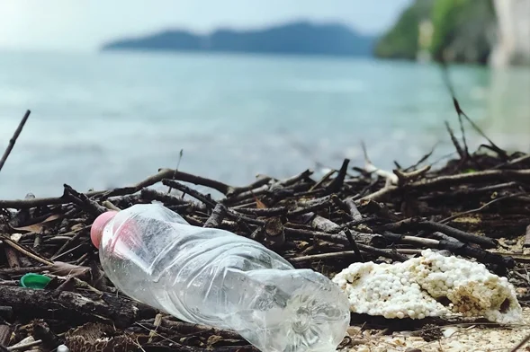 Beach Pollution Caused by Improper Waste Management. Plastic bottle and debris washed up on a beach, highlighting ocean pollution.