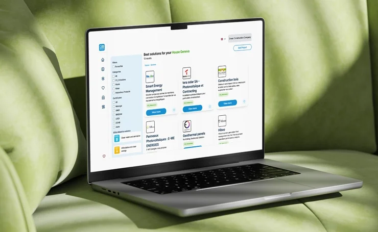Laptop showing a digital platform matching users with cleantech solution providers.
