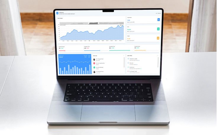 Business Dashboard Showing Growth and Performance Metrics. Open laptop displaying business analytics dashboard on white desk.