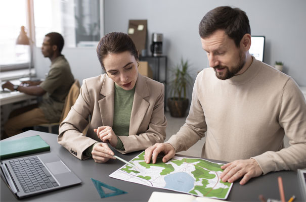 Team Discussing Sustainable Cleantech Project Plan. Two professionals reviewing a sustainable land use map in an office.