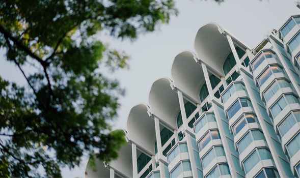 Modern Building Representing Smarter and Greener Management. Close-up of modern sustainable building facade with green tree branch.