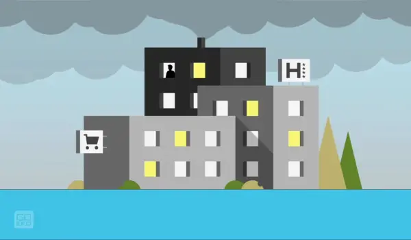 Flat illustration of apartment buildings under dark clouds, symbolizing environmental and management challenges.