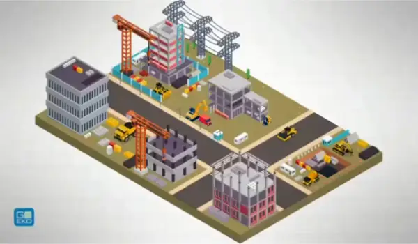 Isometric illustration of construction sites with cranes, buildings, and machinery representing industry challenges.