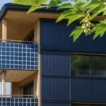 Facade of a modern building with integrated solar panels