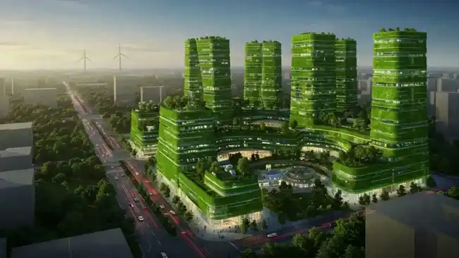 Sustainable architecture with green skyscrapers and futuristic design. Panoramic view of a sustainable building complex covered in greenery.